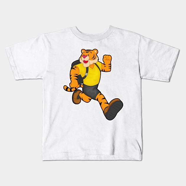 Tiger at Running with Backpack Kids T-Shirt by Markus Schnabel